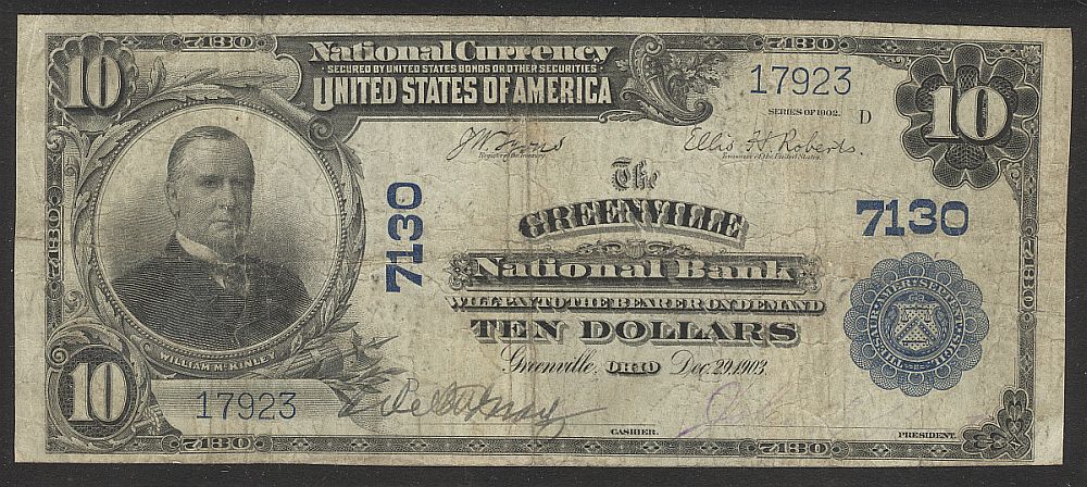 Greenville, Ohio, 1902PB $10, Charter #7130, The Greenville National Bank, 17923, Fine